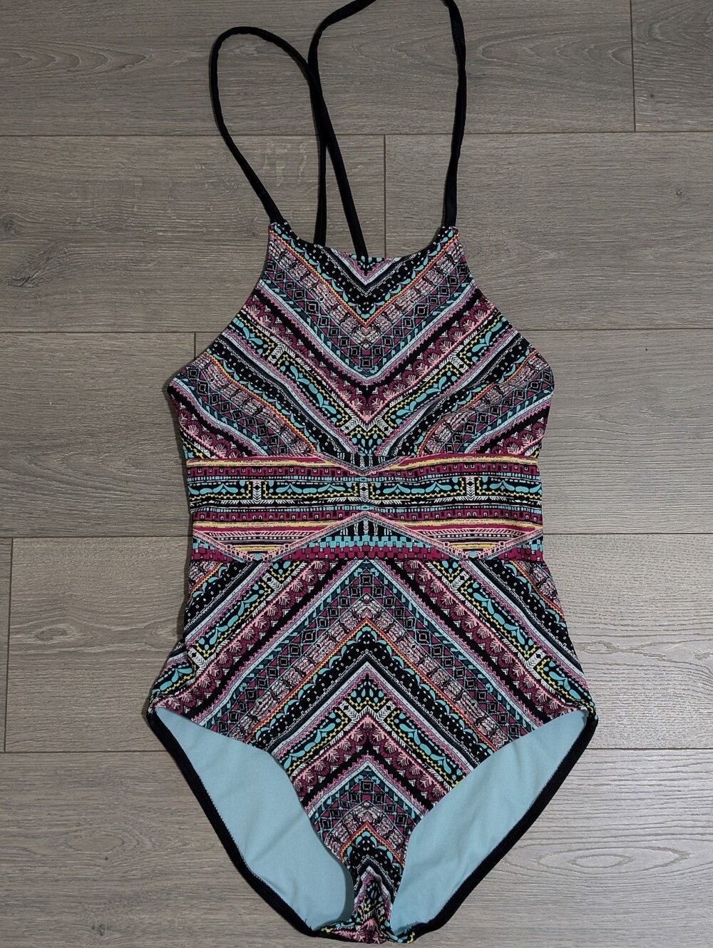 EUC•Mossimo Tribal Print One Piece Swimsuit High Neck Strappy Caged Back•M